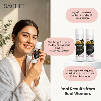 Woman holding a skincare product with customer testimonials on a light background