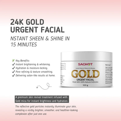 Sachet Gold Urgent Facial product packaging with text on a gradient background