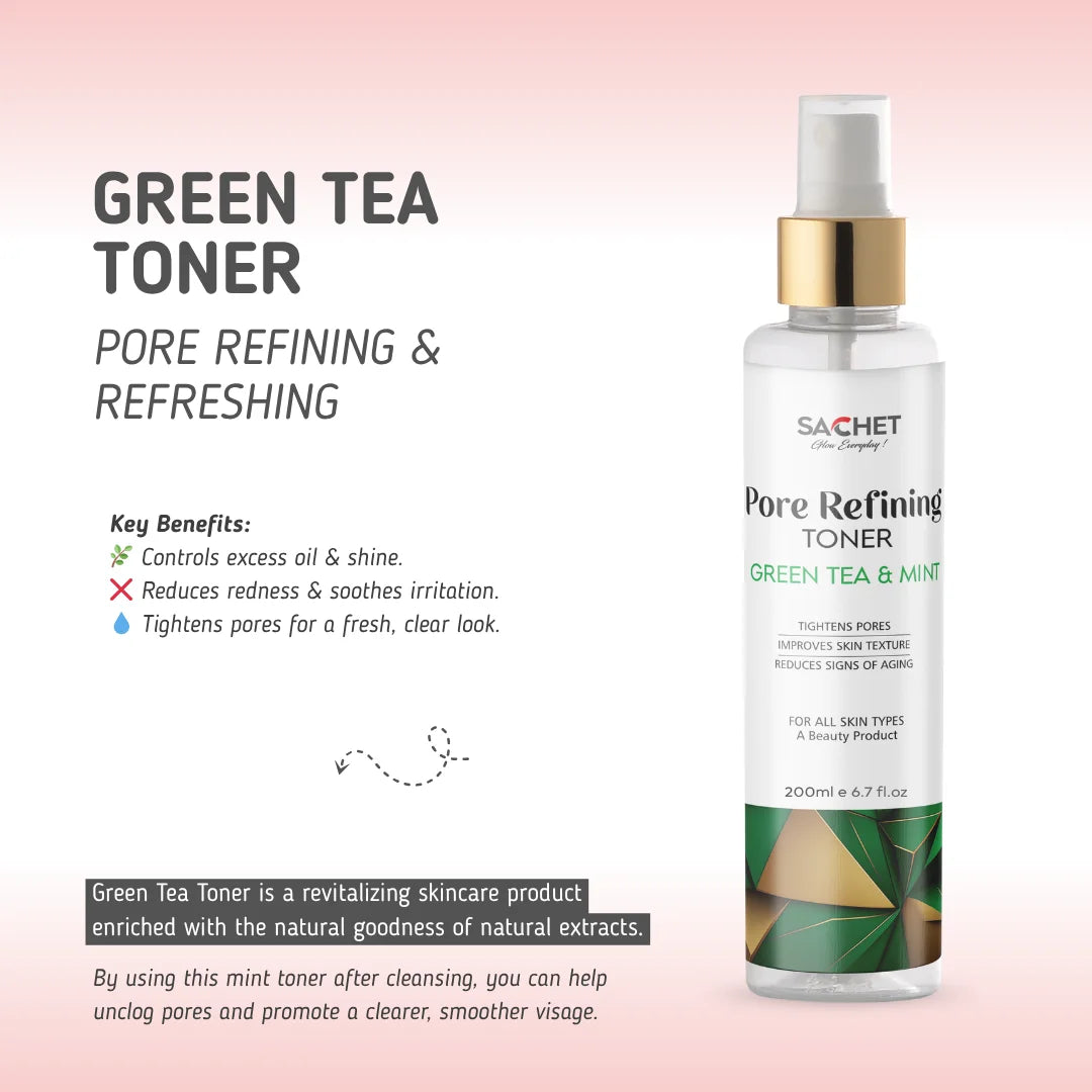 Sachet Green Tea Toner bottle with product details on a pink gradient background