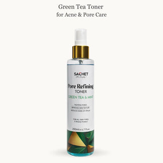 Sachet Green Tea Toner bottle with product details on a pink gradient background