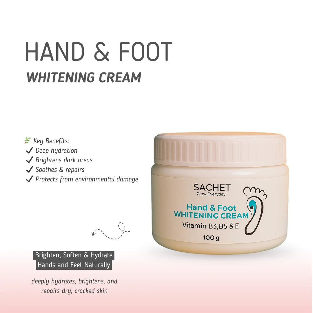 Sachet Hand & Foot Whitening Cream jar with flowers on an orange background