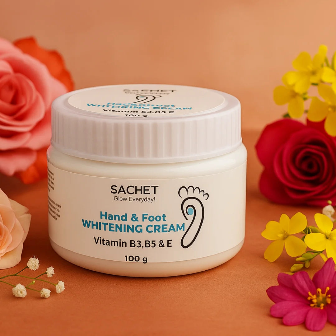 Sachet Hand & Foot Whitening Cream jar with flowers on an orange background
