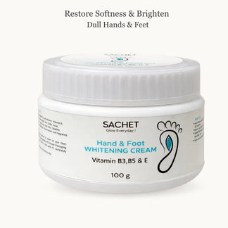 Sachet Hand & Foot Whitening Cream jar with flowers on an orange background