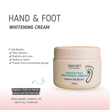 Sachet Hand & Foot Whitening Cream jar with flowers on an orange background