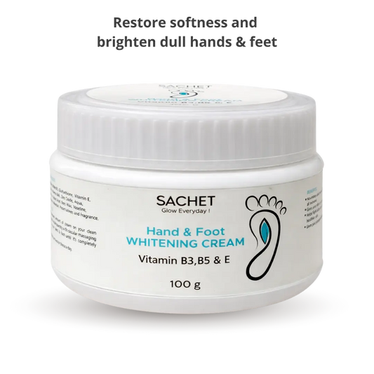 Sachet Hand & Foot Whitening Cream jar with flowers on an orange background