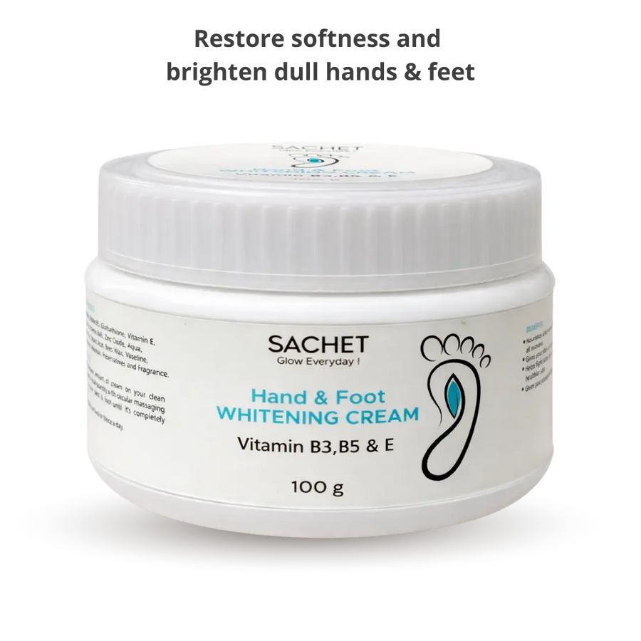 Sachet Hand & Foot Whitening Cream jar with flowers on an orange background