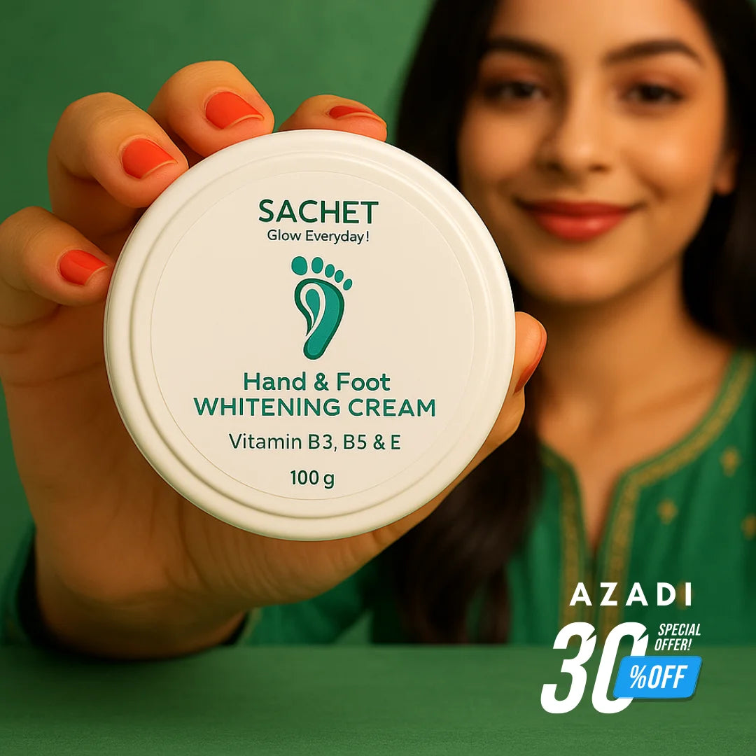 Person holding a container of 'Sachet' hand and foot whitening cream with promotional text on a green background.