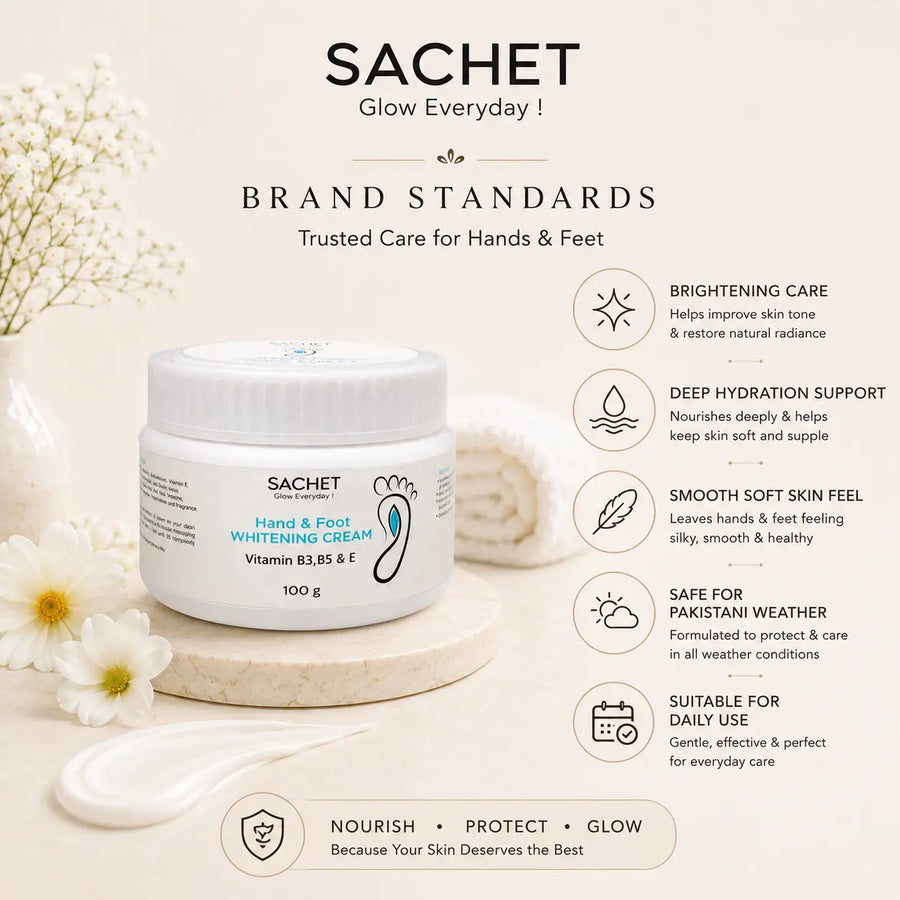Person holding a container of 'Sachet' hand and foot whitening cream with promotional text on a green background.