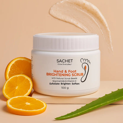 Sachet Hand & Foot Brightening Scrub jar with oranges and aloe vera on a beige background