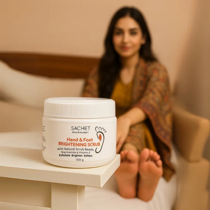 SACHET Hand & Foot Brightening Scrub jar with a blurred woman in the background