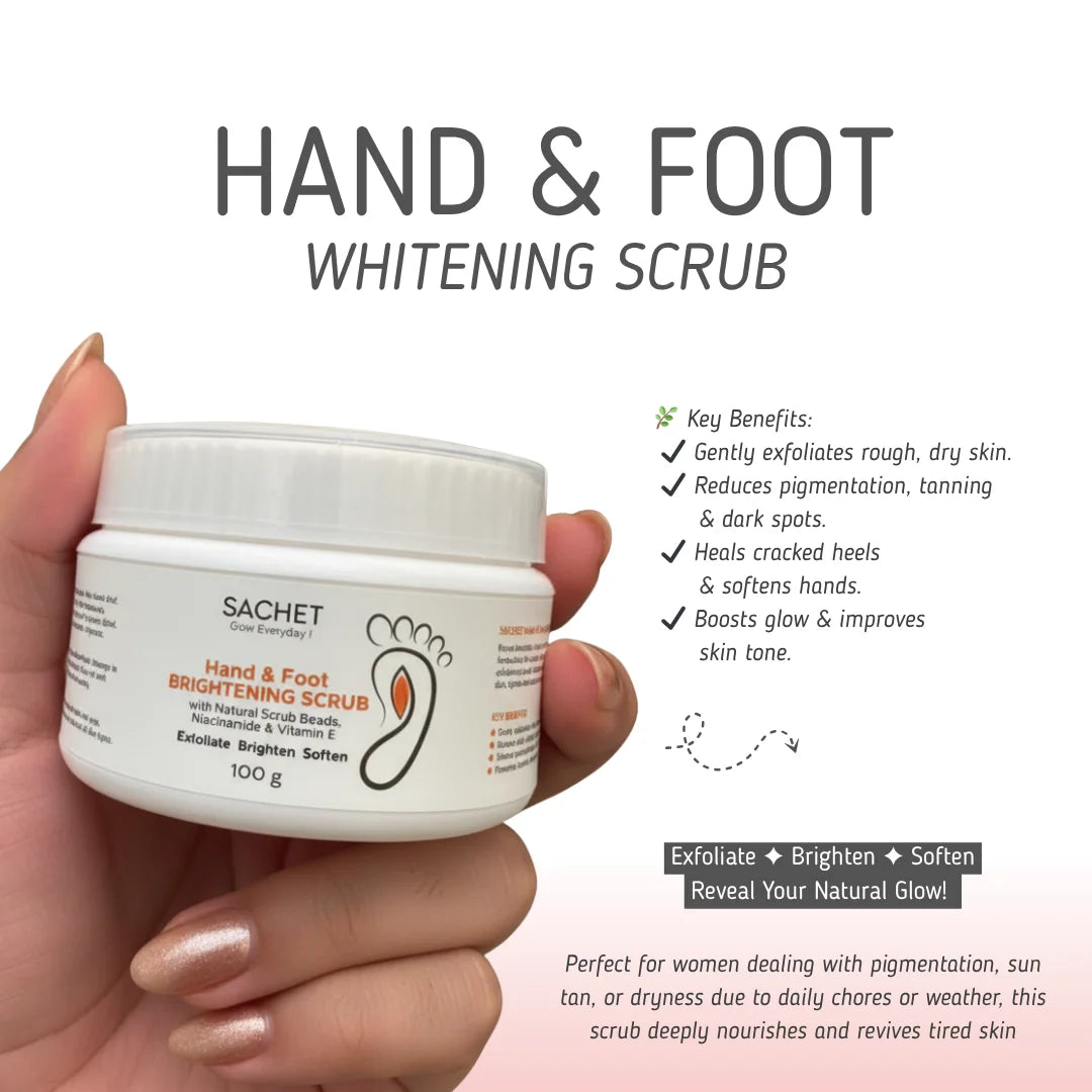 SACHET Hand & Foot Brightening Scrub jar with orange, aloe vera, and marigold flower on an orange background