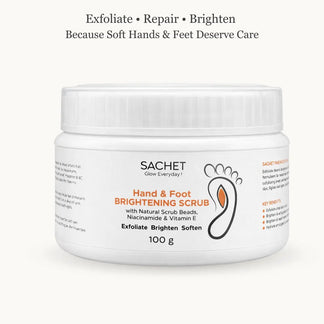 SACHET Hand & Foot Brightening Scrub jar with orange, aloe vera, and marigold flower on an orange background