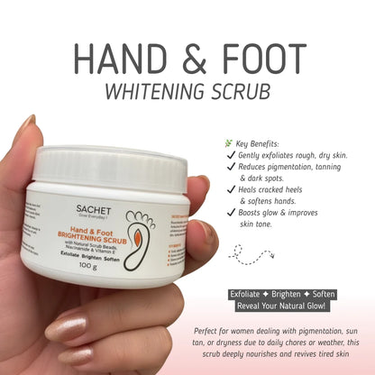 SACHET Hand & Foot Brightening Scrub jar with orange, aloe vera, and marigold flower on an orange background