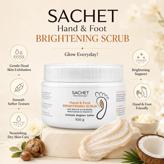 Person holding a jar of SACHET Hand & Foot Brightening Scrub with blurred lights in the background