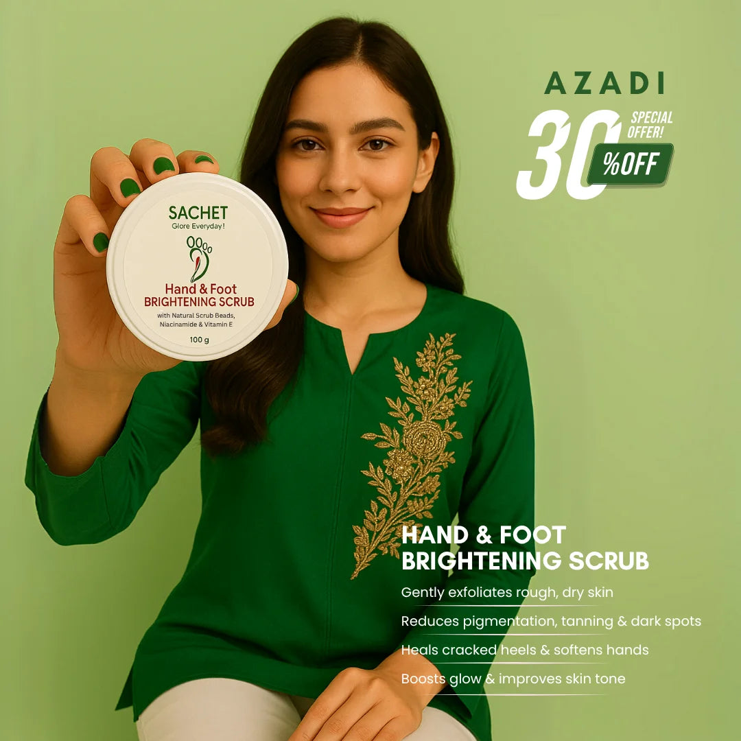 Woman holding a 'Sachet Hand & Foot Brightening Scrub' container with promotional text on a green background