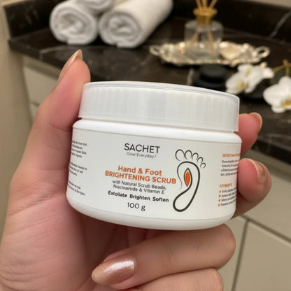 Woman holding a 'Sachet Hand & Foot Brightening Scrub' container with promotional text on a green background