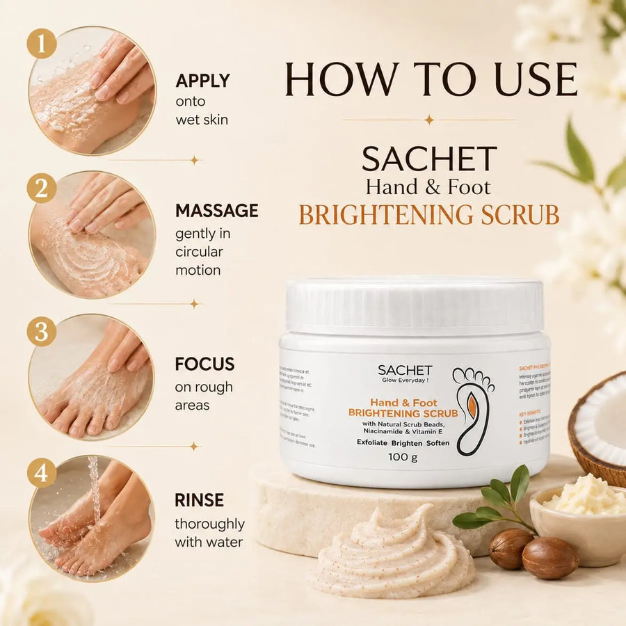Woman holding a 'Sachet Hand & Foot Brightening Scrub' container with promotional text on a green background