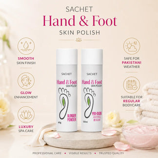 Two bottles of 'SACHET' hand and foot skin polish with a customer testimonial on a soft focus background.