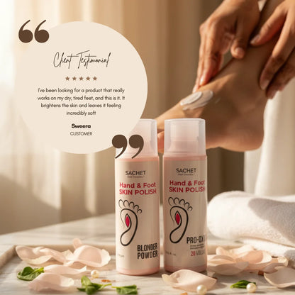 Two bottles of 'SACHET' hand and foot skin polish with a customer testimonial on a soft focus background.
