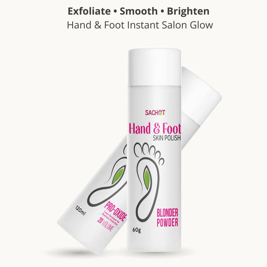 Hand and foot skin polish product with packaging on a pink gradient background