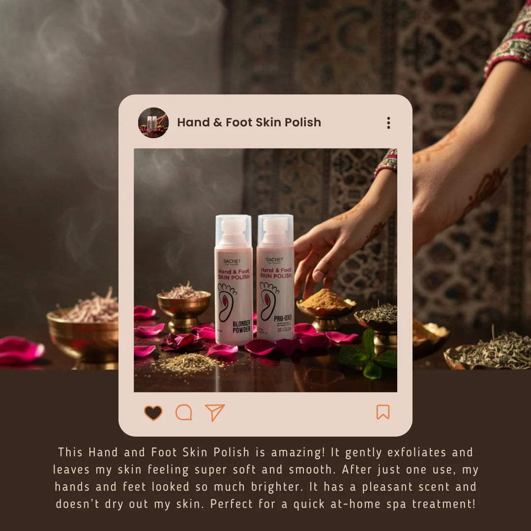 Hand and Foot Skin Polish with a hand reaching for it, set against a decorative background.