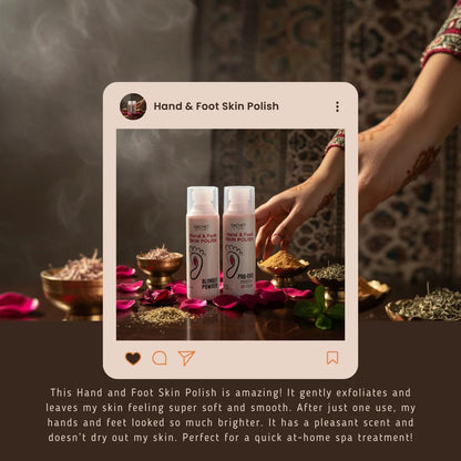 Hand and Foot Skin Polish with a hand reaching for it, set against a decorative background.