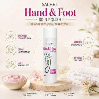 Two bottles of 'Hand & Foot Skin Polish' by SACHET on a decorative surface with flowers and a mirror in the background.