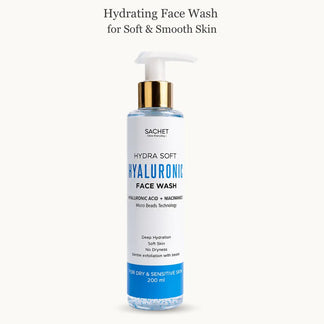 Promotional graphic for Hydra Soft Hyaluronic Face Wash with a woman washing her face and text about product features.