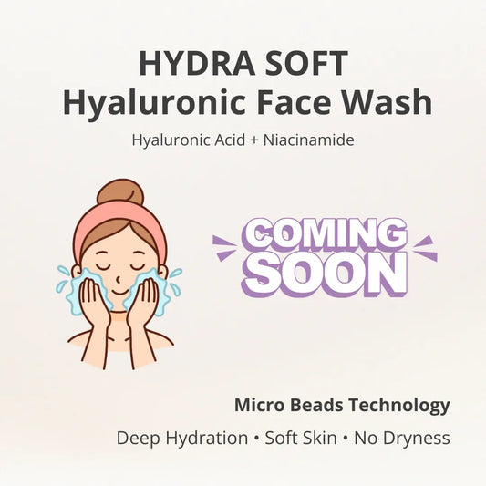 Promotional graphic for Hydra Soft Hyaluronic Face Wash with a woman washing her face and text about product features.
