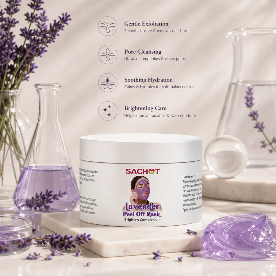 Advertisement for Sachet Lavender Peel Off Mask with a woman's face and product packaging.