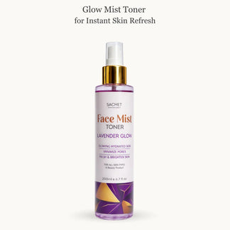 Lavender Glow Face Mist Toner bottle with product details on a pink gradient background