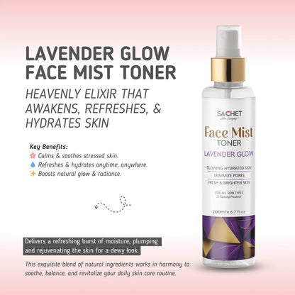 Lavender Glow Face Mist Toner bottle with product details on a pink gradient background