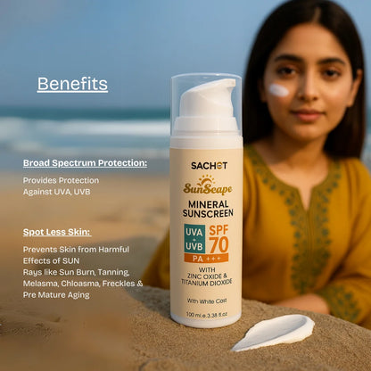 Pakistani woman applying mineral sunscreen SPF 70 by SACHET