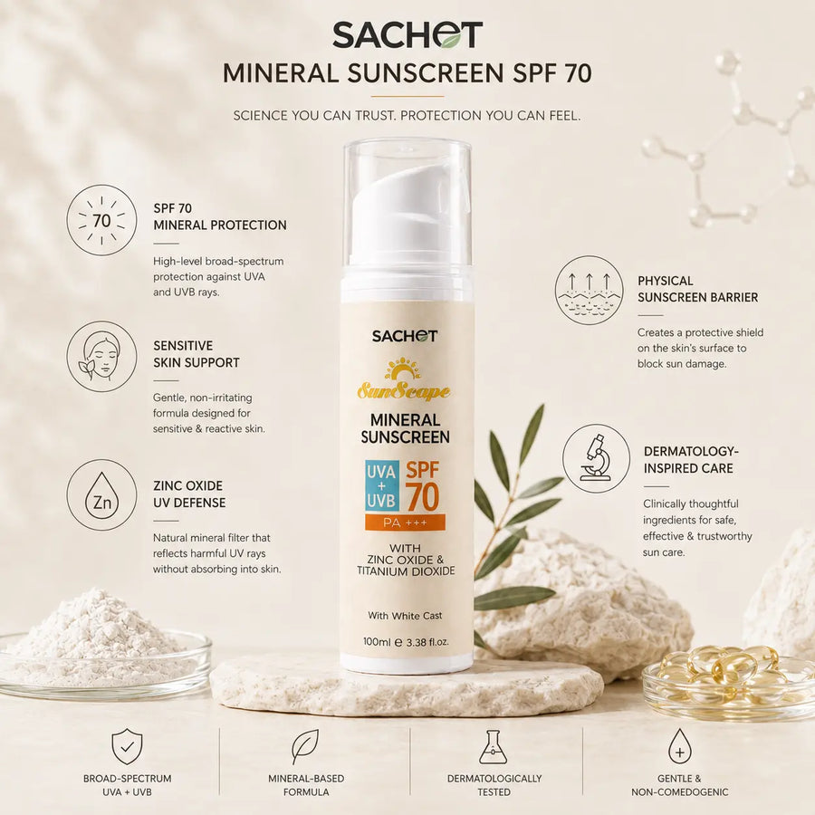 Pakistani woman applying mineral sunscreen SPF 70 by SACHET