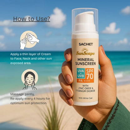 SACHET Mineral Sunscreen SPF 70 bottle – Zinc Oxide and Titanium Dioxide formula