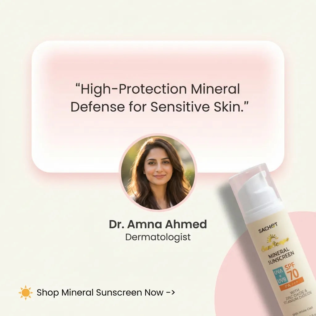 Advertisement for a dermatologist-endorsed mineral sunscreen with a product image and text on a pink background.