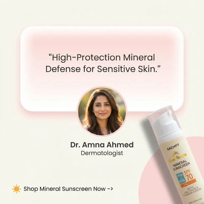 Advertisement for a dermatologist-endorsed mineral sunscreen with a product image and text on a pink background.