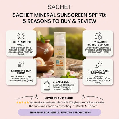 Sachet Mineral Sunscreen SPF 70 with features and customer review on a pink background