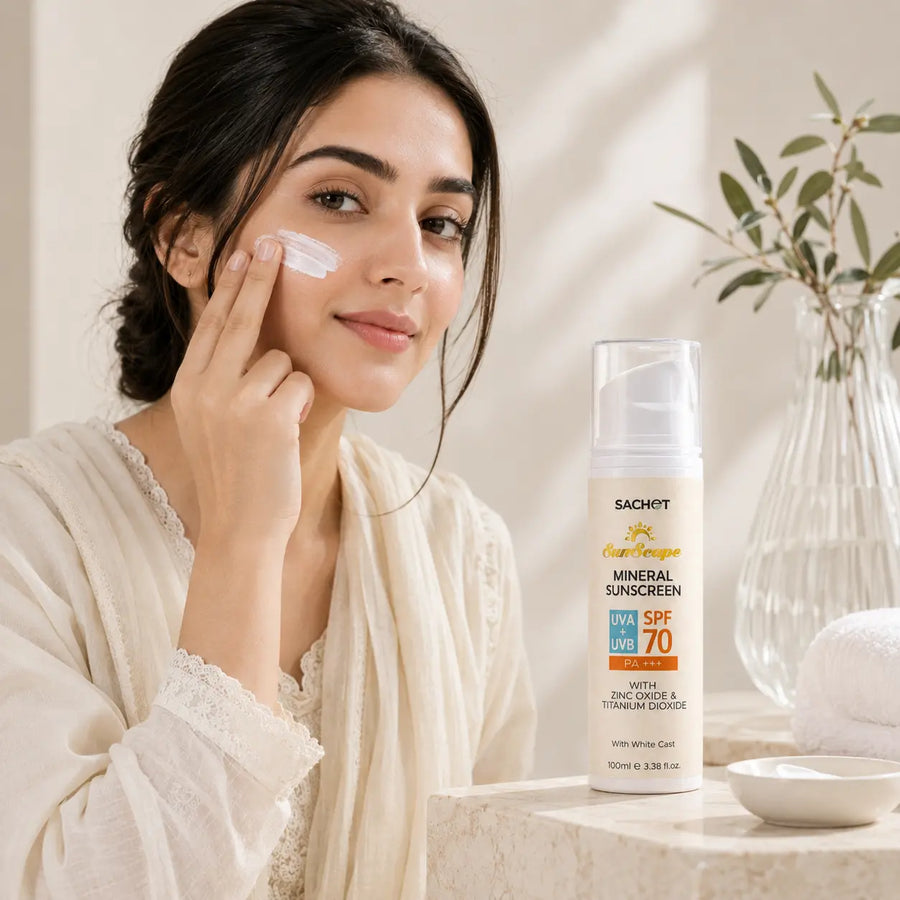 Sachet Mineral Sunscreen SPF 70 with features and customer review on a pink background
