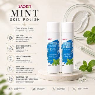 Sachet Blonder Powder packaging with product details on a pink and white background