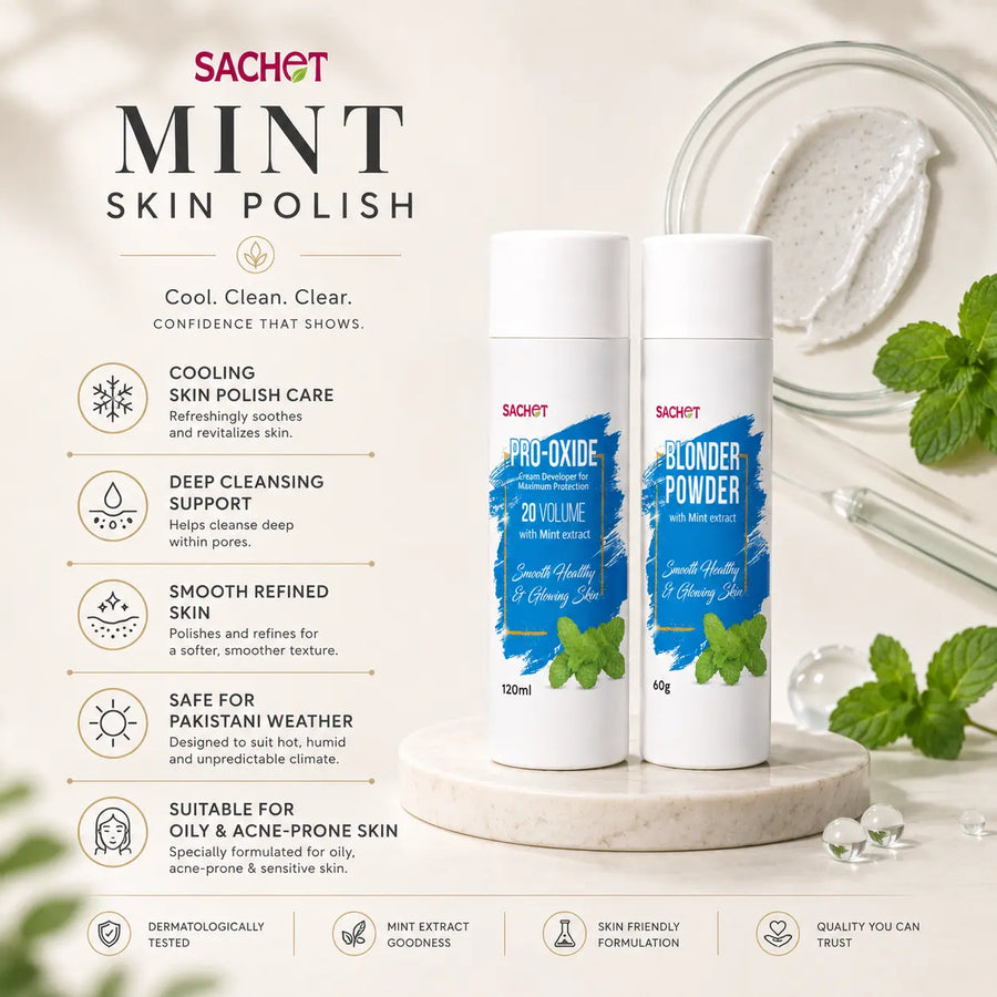 Sachet Blonder Powder packaging with product details on a pink and white background
