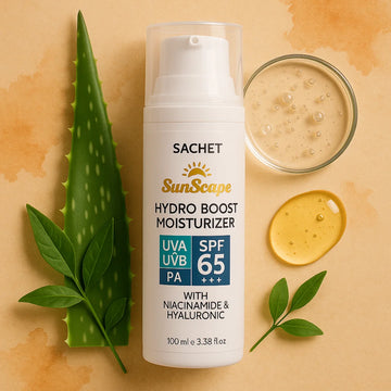 SACHET SunScape Hydro Boost Moisturizer bottle with aloe vera leaf and skincare product on a beige background