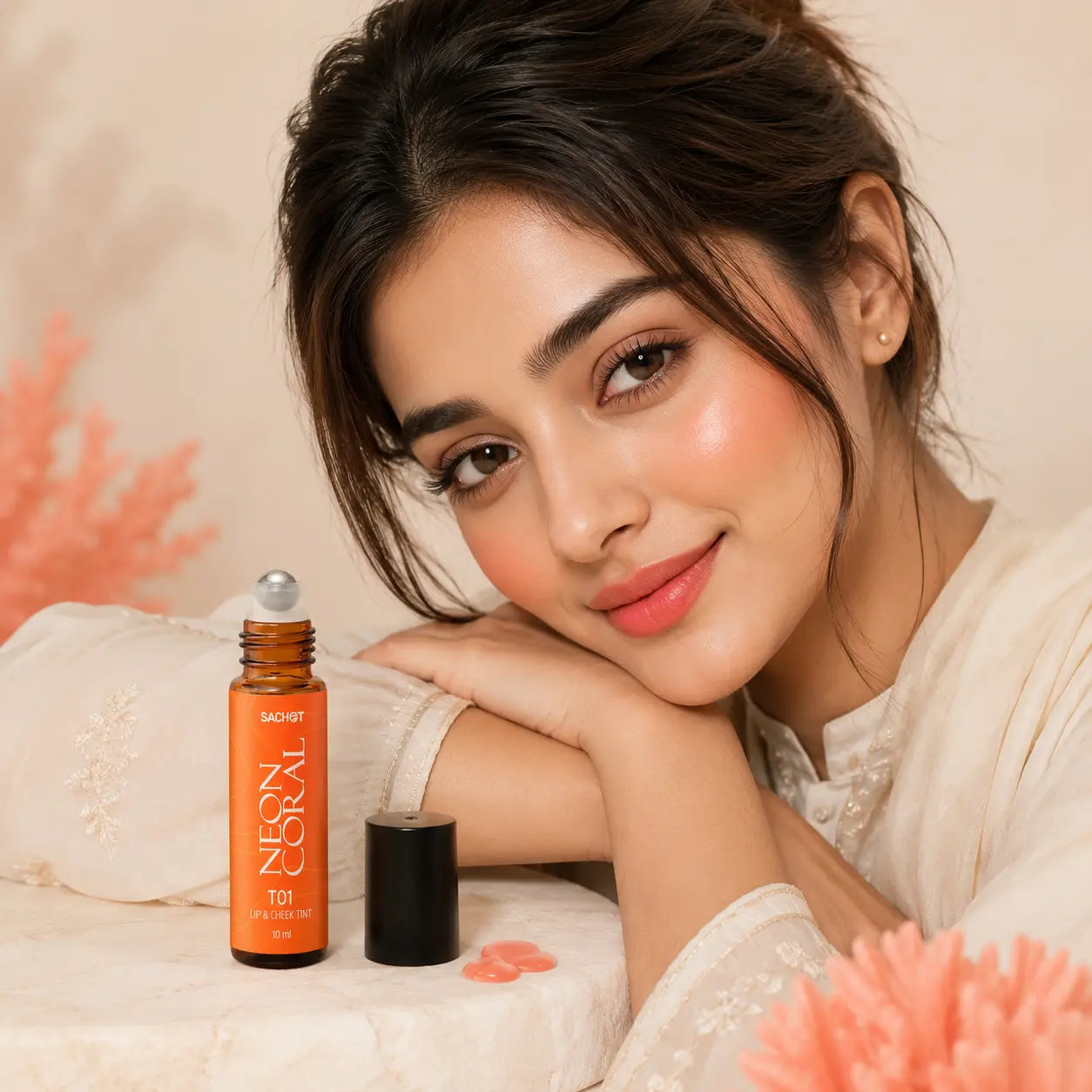 Natural coral lip tint makeup look