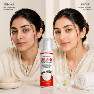 Creamy face wash bottle with key benefits on a light background