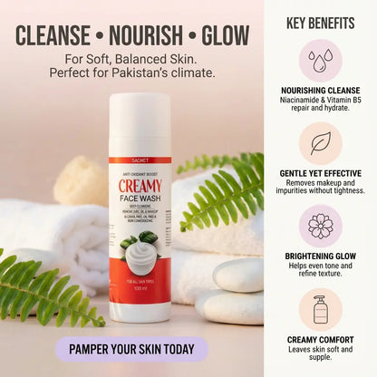 Creamy face wash bottle with key benefits on a light background