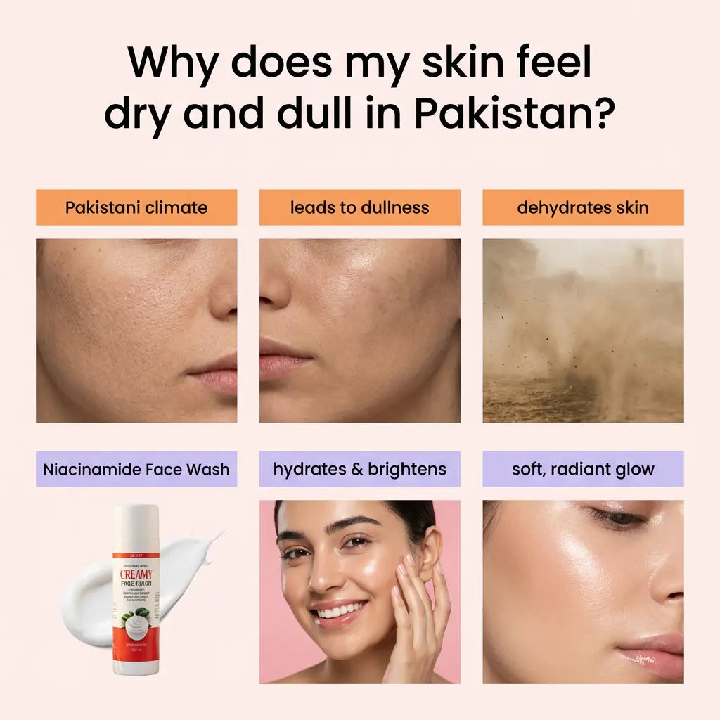 Product advertisement for Niacinamide Face Wash showing before and after effects on skin.