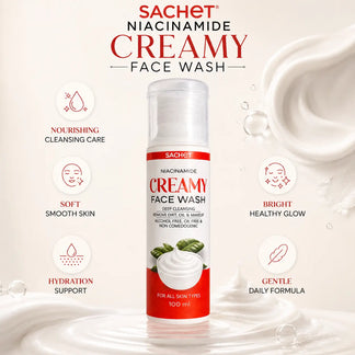 Product advertisement for Niacinamide Face Wash showing before and after effects on skin.