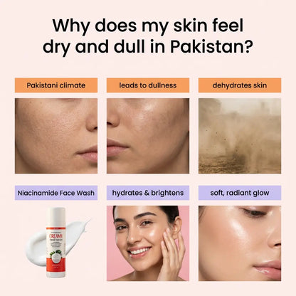 Product advertisement for Niacinamide Face Wash showing before and after effects on skin.