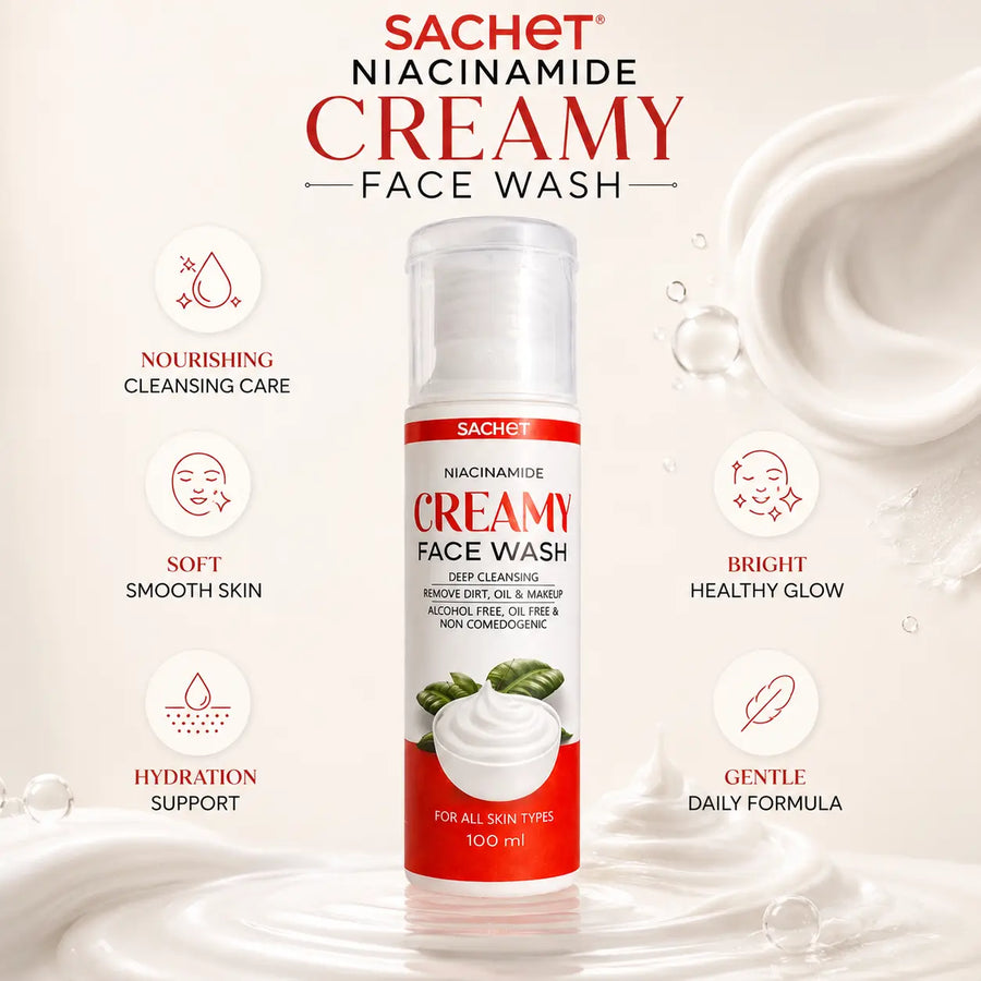 Product advertisement for Niacinamide Face Wash showing before and after effects on skin.