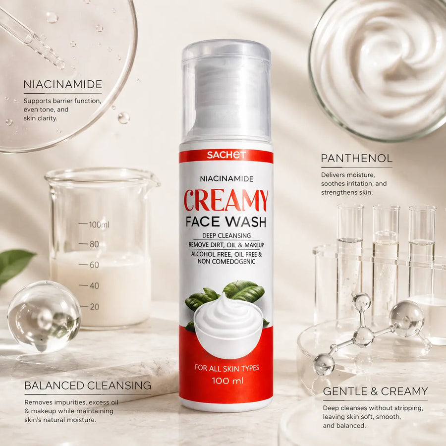 SACHET Niacinamide Face Wash bottle with skincare benefits on a neutral background